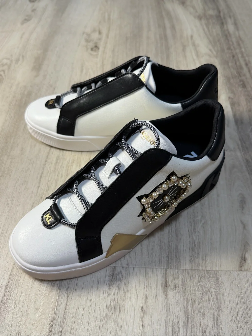 Karl Lagerfeld White and Black Sneakers with Gold and Pearl Cat Emblem